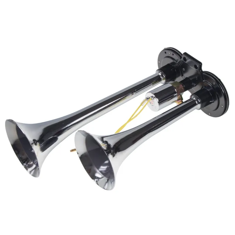Zlevněný Klakson 12V / 24V - chromová 2-tónová fanfára TRUCK (29cm) SN-010 bez kompresoru