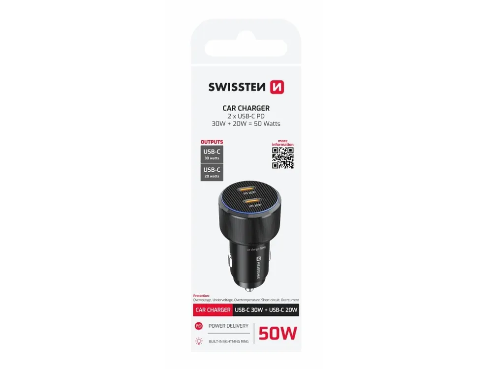 Vysoce Kvalitní Zástrčka SWISSTEN s 2x USB-C Power Delivery 50W, černý, 49320