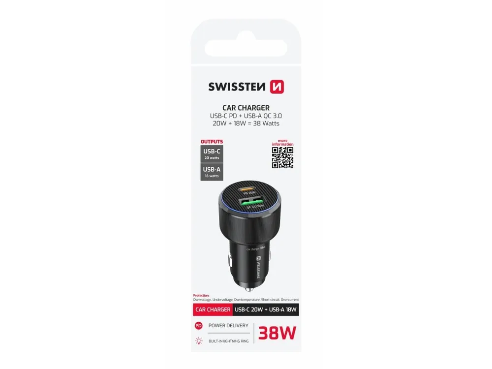 Zástrčka SWISSTEN s 1x USB-C Power Delivery a 1x USB-A Qualcomm 38W, černý, 49317 Vysoce Kvalitní