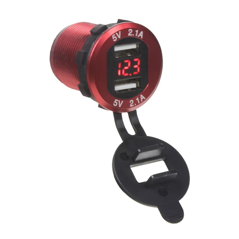 USB nabíječka 12V/24V s voltmetrem - 2x USB hliníková do panelu / červená Víkendová Akce