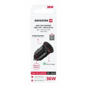 Zástrčka SWISSTEN USB-C Power Delivery + USB Quick Charge 3.0 36W, Metal černý, 47415 Poslední Šance