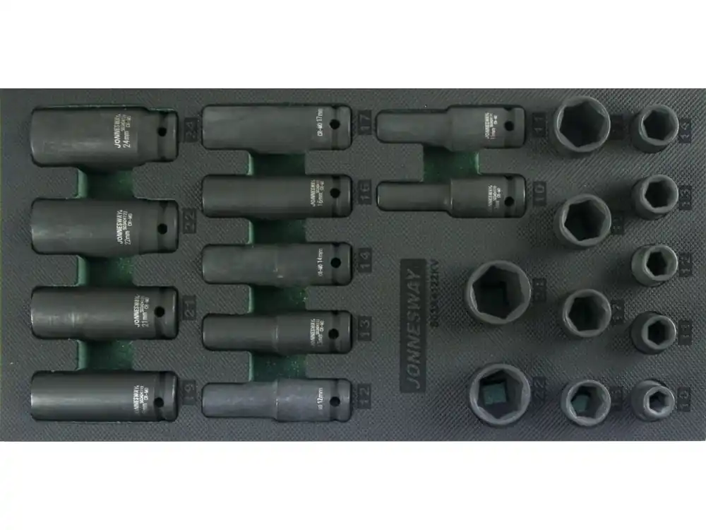 Rychlé Dodání Modul pěnový - hlavice úderové 1/2", 10 - 24 mm, 6hranné, 22 ks - JONNESWAY S03A4122KV