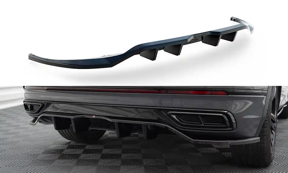 Oblíbený Volkswagen Tiguan Mk2 R-Line Facelift, středový spoiler pod zadní nárazník s žebrováním, Maxton design