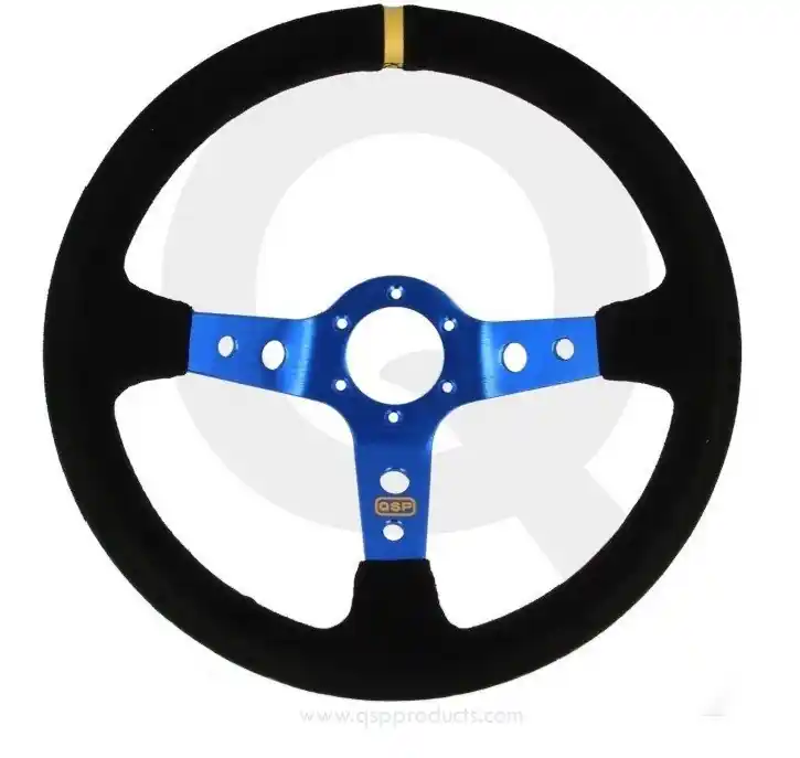QSP - sportovní volant semišový prohlý hloubka 90mm / průměr 350mm MODRÉ RAMENA Nakupujte Hned