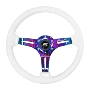 Vysoce Kvalitní Sportovní volant SLIDE 350mm offset 30mm NeoChrome semišový stříbrný proužek