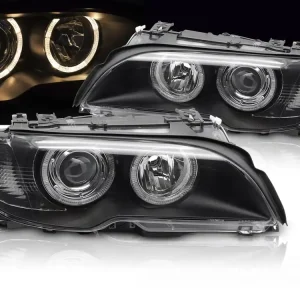 BMW E46 2003-2006 COUPE CABRIO - přední XENONOVÁ světla s ANGEL EYES černá Vysoce Kvalitní