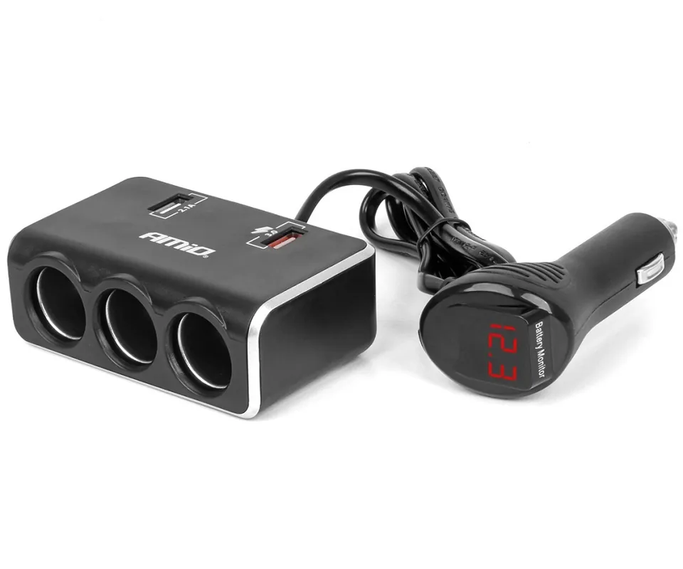 Rozbočovač do auta AMIO 3x 12-24V 2 porty USB-A QC 3.0 120W + voltmetr Novinka