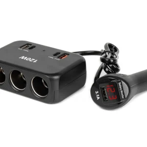 Rozbočovač do auta AMIO se 3 zásuvkami + 2x USB-A 2x USB-C QC4.0 120W voltmetr Cenová Bomba
