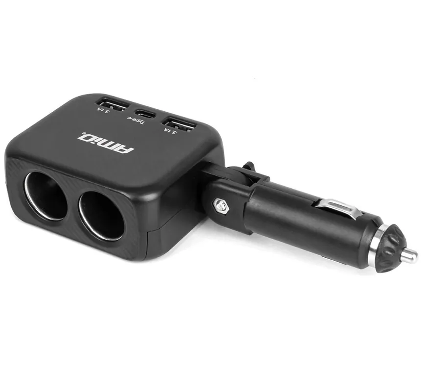 Rozbočovač do auta AMIO se 2 zásuvkami + 2x USB-A 1x USB-C 100W 180° Nejlepší Cena