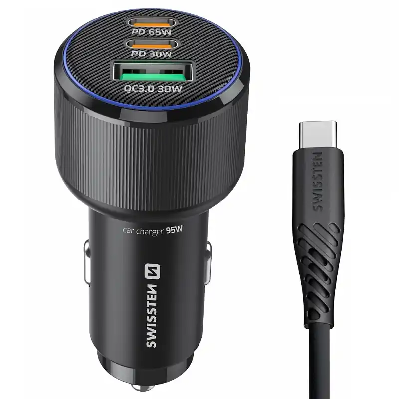 Sleva USB nabíječka do auta 12/24V USB-A + 2x USB-C PD 95W SWISSTEN