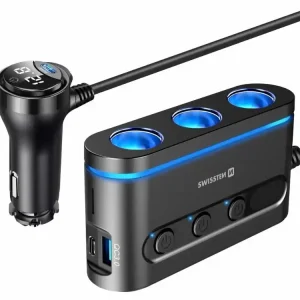 Super Cena Rozbočovač do auta SWISSTEN 3x CL 1x USB-A 3.0 2x USB-C PD 108-216W + voltmetr