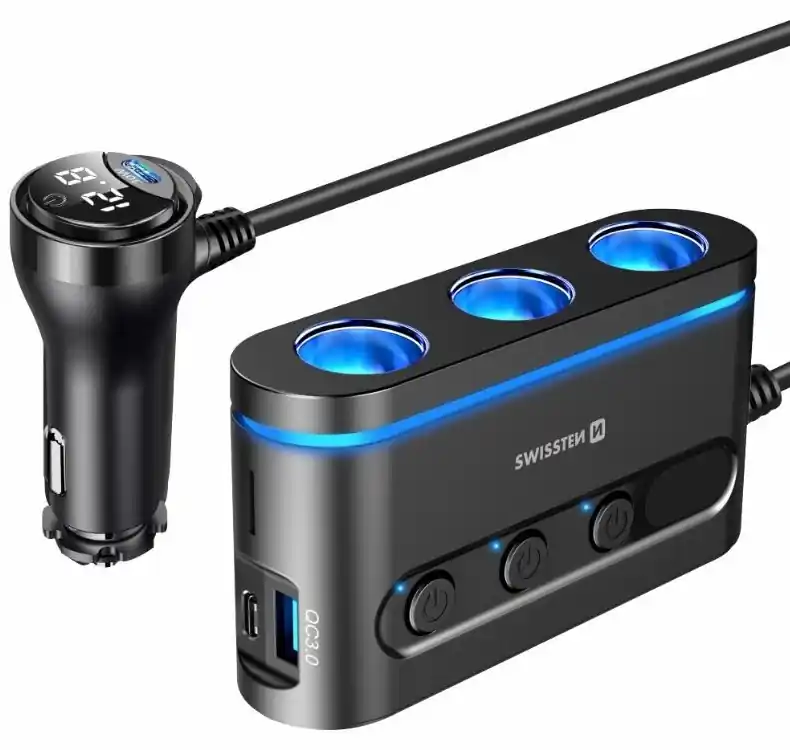 Super Cena Rozbočovač do auta SWISSTEN 3x CL 1x USB-A 3.0 2x USB-C PD 108-216W + voltmetr