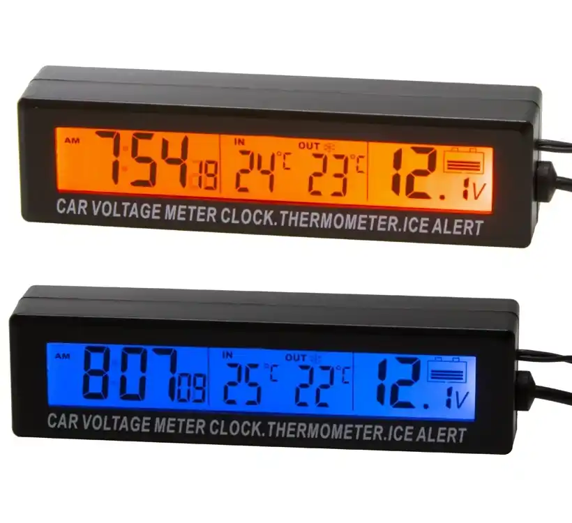 Digitální vnitřní a venkovní teploměr, hodiny a voltmetr CARCLEVER model 2 Nejlepší Volba