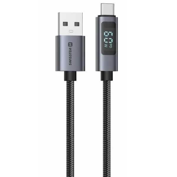 Datový kabel s konektorem USB-A USB-C, 1 m, 60W s LCD displejem SWISSTEN Jen Po Omezenou Doba