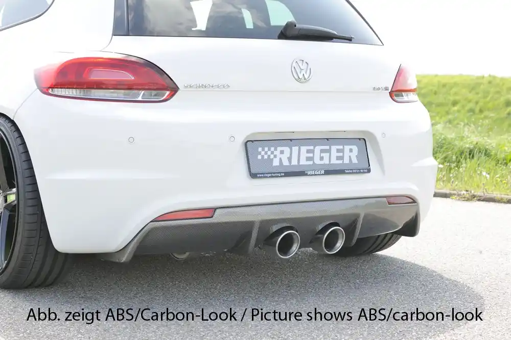 Rieger vložka zadního nárazníku pro R-Line zadní nárazník pro Volkswagen Scirocco 3 13 2-dvéř. vč. faceliftu, plast ABS bez povrchové úpravy, pro dvojitou koncovku uprostřed 2x100 mm Novinka