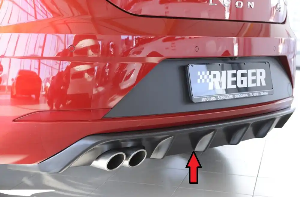 Zlevněný Rieger vložka zadního nárazníku pro Seat Leon FR 5F 3-dvéř. (sc), 5-dvéř. po faceliftu, plast ABS bez povrchové úpravy, pro dvojitou koncovku vlevo