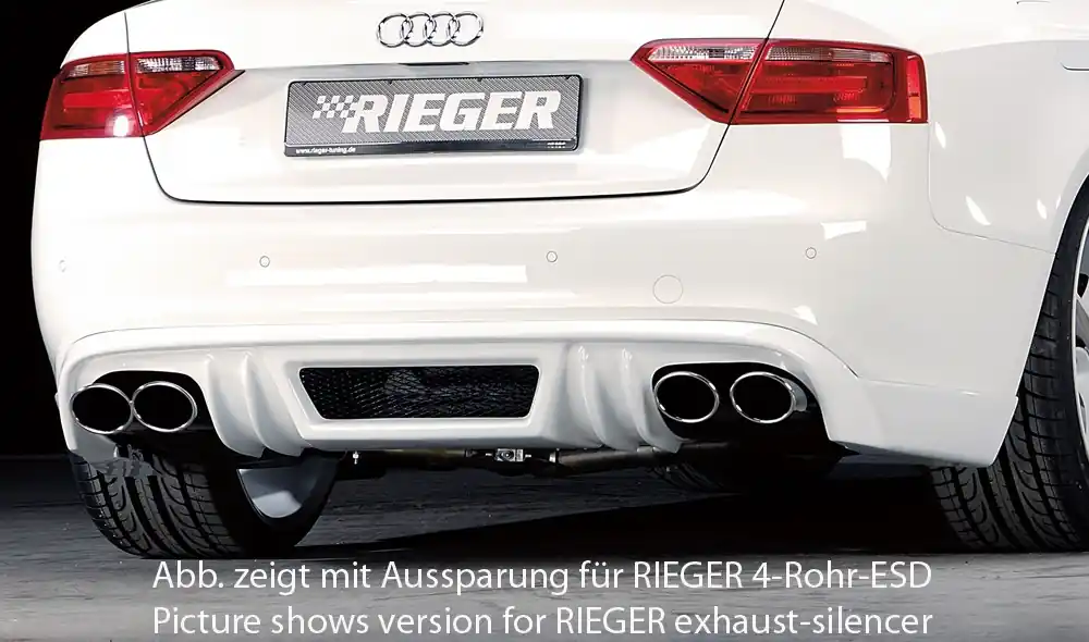 Sezónní Sleva Rieger spoiler pod zadní nárazník pro Audi A5 B8, B81 kabriolet, kupé před faceliftem r.v. 06/07-07/11, plast ABS bez povrchové úpravy, S-Line, pro orig. koncovku vlevo