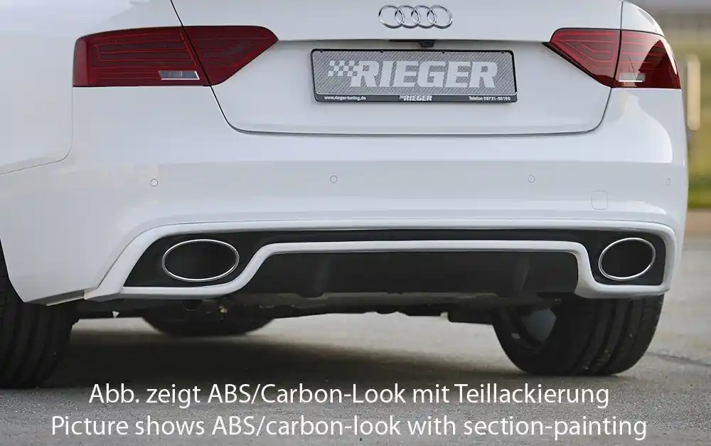 Super Cena Rieger vložka zadního nárazníku pro Audi A5 B8, B81 kabriolet, kupé po faceliftu, plast ABS bez povrchové úpravy, S-Line, pro oválné výfukové deflektory na obou stranách 185x120 mm