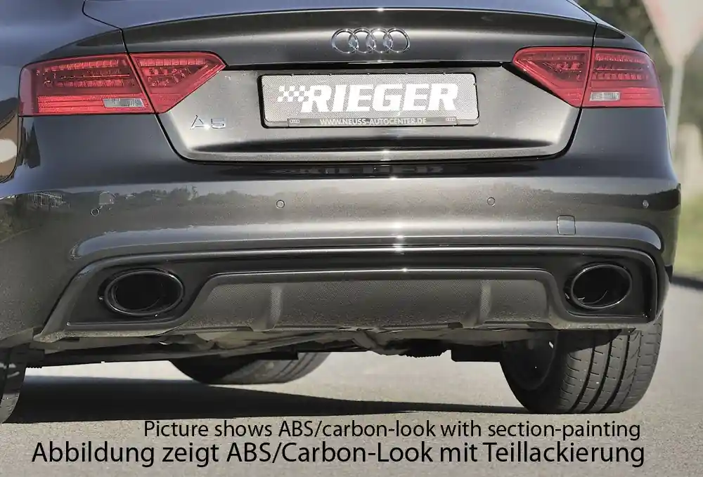 Rieger vložka zadního nárazníku pro Audi A5 B8, B81 Sportback po faceliftu, plast ABS bez povrchové úpravy, S-Line, pro oválné výfukové deflektory na obou stranách 185x120 mm Tovární Cena
