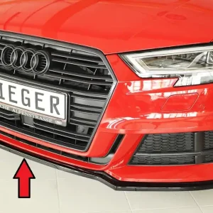 Rieger lipa pod přední nárazník pro Audi A3 8V 3-dvéř. (convertible 8V7), 5-dvéř. (sedan 8VS) po faceliftu, 09/16-, plast ABS lakovaný do černé lesklé barvy Výprodej