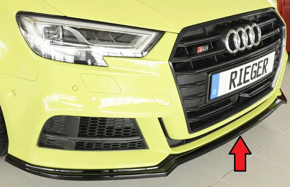Rieger lipa pod přední nárazník pro Audi A3 S3 8V 3-dvéř. (hatchback 8V1), 5-dvéř. (sportback 8VA) po faceliftu, 09/16-, plast ABS lakovaný do černé lesklé barvy Aktuální