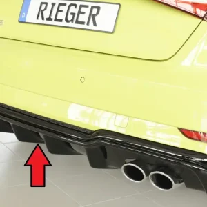 Časově Omezené Rieger vložka zadního nárazníku pro Audi A3 S3 8V 3-dvéř. (hatchback 8V1), 5-dvéř. (sportback 8VA) po faceliftu, plast ABS lakovaný do černé lesklé barvy, pro orig. dvojité koncovky na obou stranách 4x90x72 mm