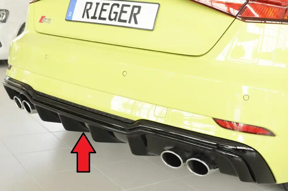 Časově Omezené Rieger vložka zadního nárazníku pro Audi A3 S3 8V 3-dvéř. (hatchback 8V1), 5-dvéř. (sportback 8VA) po faceliftu, plast ABS lakovaný do černé lesklé barvy, pro orig. dvojité koncovky na obou stranách 4x90x72 mm