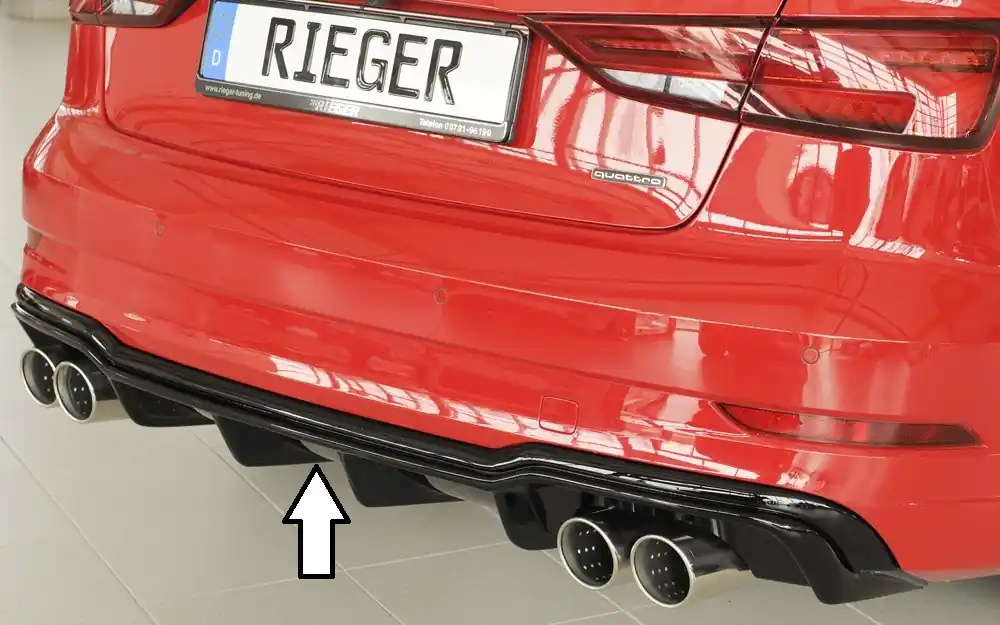Rieger vložka zadního nárazníku pro Audi A3 8V 3-dvéř. (convertible 8V7), 5-dvéř. (sedan 8VS) po faceliftu, plast ABS lakovaný do černé lesklé barvy, pro sportovní koncovky na obou stranách 4x90 mm Cenový Hit