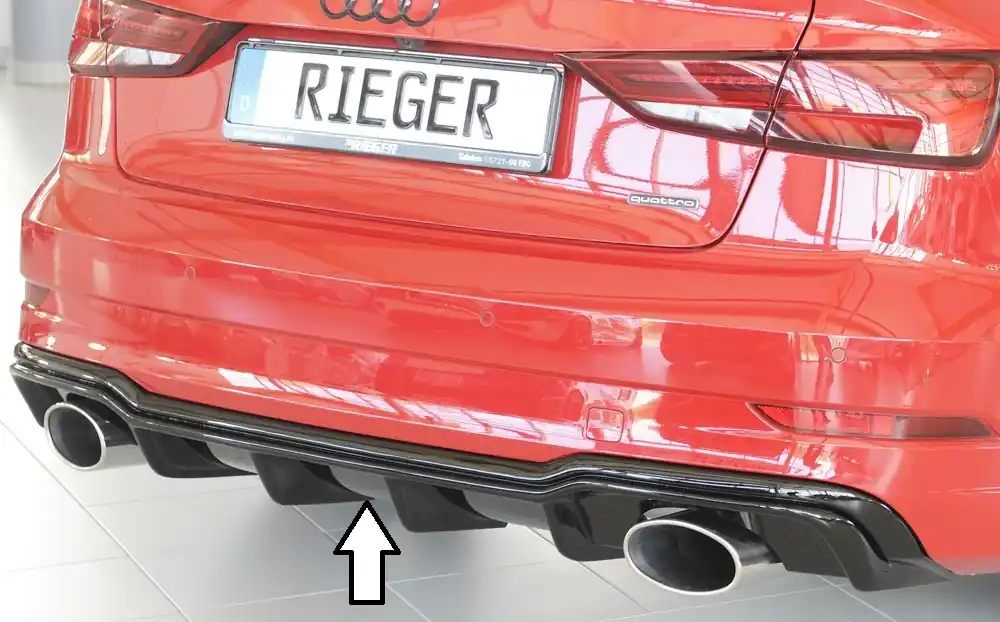 Koupit Online Rieger vložka zadního nárazníku pro Audi A3 8V 3-dvéř. (convertible 8V7), 5-dvéř. (sedan 8VS) po faceliftu, plast ABS lakovaný do černé lesklé barvy, pro sportovní koncovky na obou stranách 152x95 mm