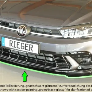 Zlevněný Rieger lipa pod přední nárazník pro Volkswagen Polo AW 5-dvéř., 06/21-, plast ABS lakovaný do černé lesklé barvy