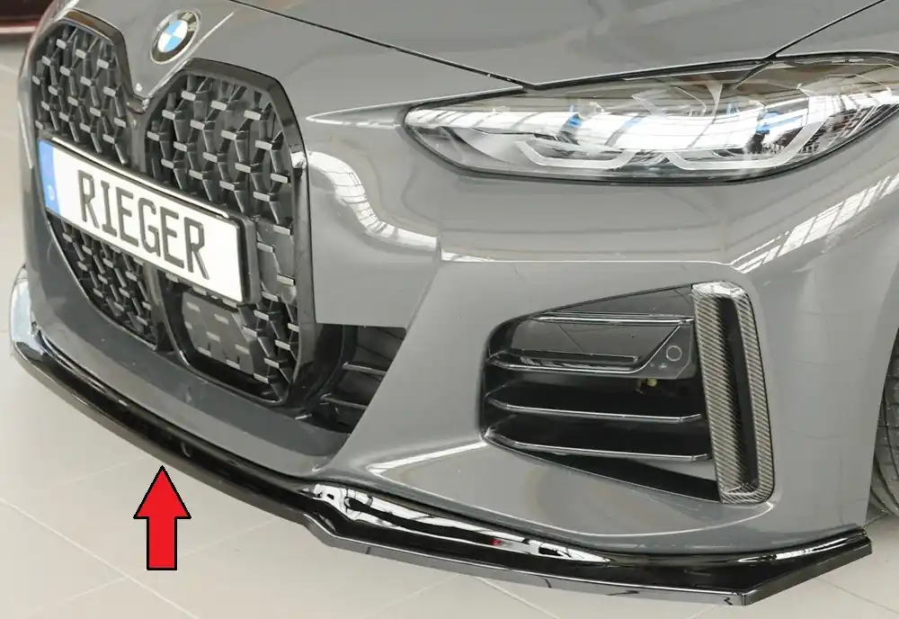 Víkendová Akce Rieger lipa pod přední nárazník pro BMW i4 M G26 gran coupe (5-dvéř.), plast ABS lakovaný do černé lesklé barvy