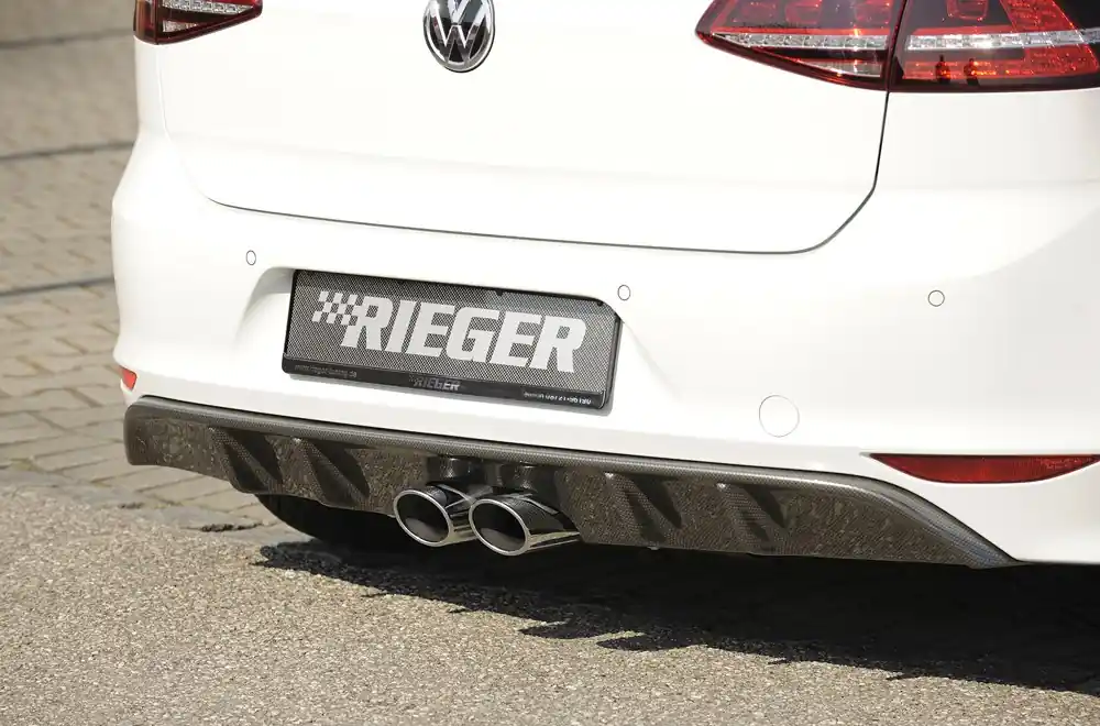 Finální Výprodej Rieger vložka zadního nárazníku pro Volkswagen Golf 7 3-dvéř., 5-dvéř., plast ABS s povrchovou úpravou Carbon-Look, R-Line, pro koncový tlumič Remus s dvojitou koncovkou uprostřed 2x93x74 mm