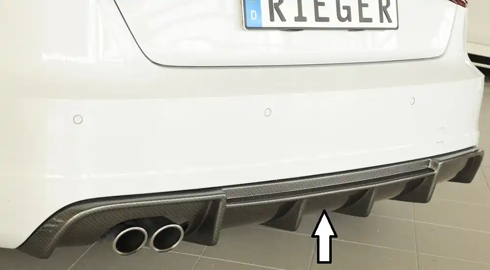 Rieger vložka zadního nárazníku pro Audi A3 8V 3-dvéř. (hatchback 8V1), 5-dvéř. (sportback 8VA) před faceliftem, plast ABS s povrchovou úpravou Carbon-Look, s S-Line exteriérovým paketem, pro dvojitou koncovku vlevo Pouze Dnes