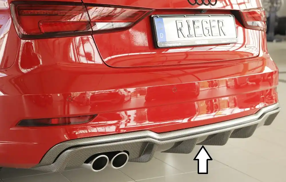 Rieger vložka zadního nárazníku pro Audi A3 8V 3-dvéř. (convertible 8V7), 5-dvéř. (sedan 8VS) po faceliftu, plast ABS s povrchovou úpravou Carbon-Look, pro dvojitou koncovku vlevo Zlevněný