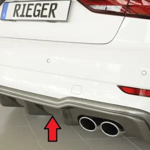 Sleva Rieger vložka zadního nárazníku pro Audi A3 S3 8V 3-dvéř. (convertible 8V7), 5-dvéř. (sedan 8VS) po faceliftu, plast ABS s povrchovou úpravou Carbon-Look, pro orig. dvojité koncovky na obou stranách 4x90x72 mm