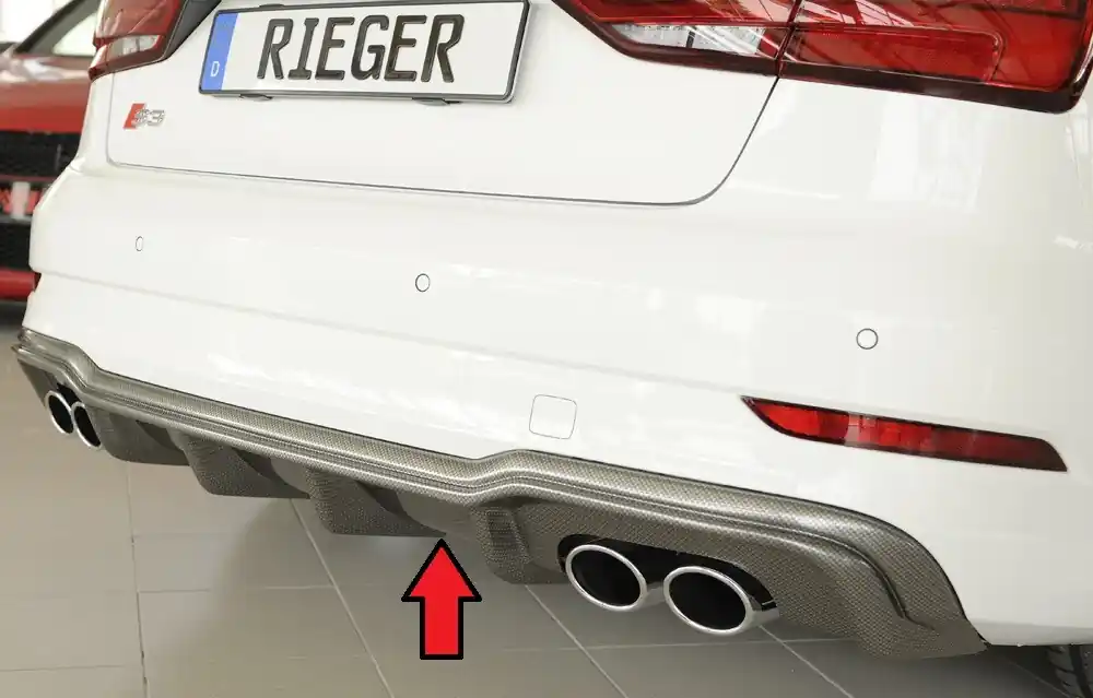 Sleva Rieger vložka zadního nárazníku pro Audi A3 S3 8V 3-dvéř. (convertible 8V7), 5-dvéř. (sedan 8VS) po faceliftu, plast ABS s povrchovou úpravou Carbon-Look, pro orig. dvojité koncovky na obou stranách 4x90x72 mm