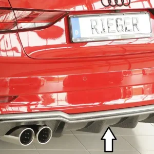 Autentický Rieger vložka zadního nárazníku pro Audi A3 8V 3-dvéř. (convertible 8V7), 5-dvéř. (sedan 8VS) po faceliftu, plast ABS s povrchovou úpravou Carbon-Look, pro sportovní koncovky na obou stranách 4x90 mm