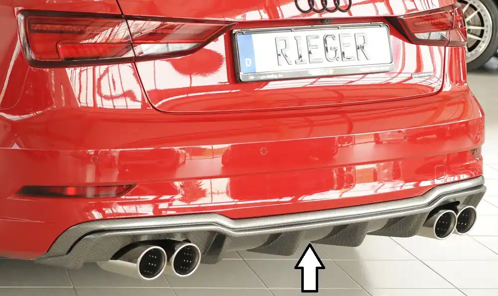 Autentický Rieger vložka zadního nárazníku pro Audi A3 8V 3-dvéř. (convertible 8V7), 5-dvéř. (sedan 8VS) po faceliftu, plast ABS s povrchovou úpravou Carbon-Look, pro sportovní koncovky na obou stranách 4x90 mm