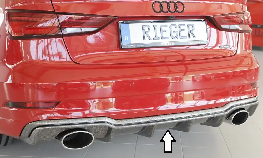 Super Cena Rieger vložka zadního nárazníku pro Audi A3 S3 8V 3-dvéř. (convertible 8V7), 5-dvéř. (sedan 8VS) po faceliftu, plast ABS s povrchovou úpravou Carbon-Look, pro sportovní koncovky na obou stranách 152x95 mm