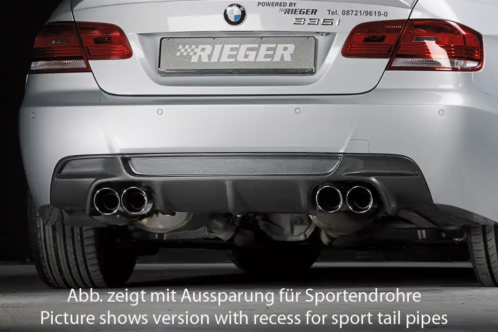 Rieger vložka zadního nárazníku pro BMW řada 3 E92, E93 kabriolet, kupé vč. faceliftu, plast ABS s povrchovou úpravou Carbon-Look, pouze 335i/335d, pro orig. koncovky na obou stranách Nejprodávanější