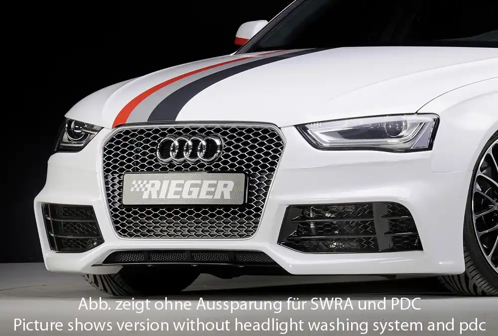 Jen Po Omezenou Doba Rieger Přední nárazník pro Audi A4 B8, B81 avant, sedan po faceliftu, plast ABS bez povrchové úpravy, pouze pro masku RS4, pro vozy s ostřikovači světlometů a parkovacím asistentem (PDC)