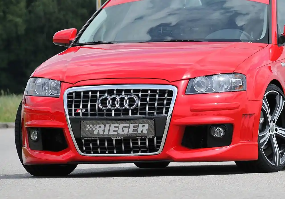 Cenová Bomba Rieger Přední nárazník R-Frame pro Audi A3 8P 3-dvéř., 5-dvéř., Sportback, plast ABS bez povrchové úpravy, s držáky pro originální mlhová světla, s žebrováním