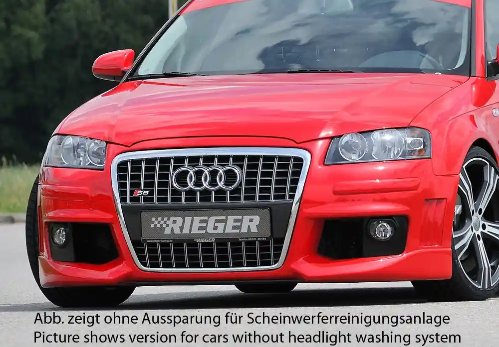 Rieger Přední nárazník R-Frame pro Audi A3 8P 3-dvéř., 5-dvéř., Sportback, plast ABS bez povrchové úpravy, s držáky pro originální mlhová světla, s žebrováním, pro vozy s ostřikovači světlometů Speciální Cena