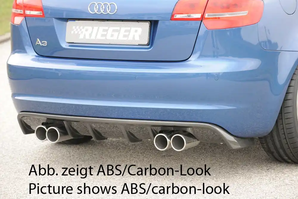 Odeslání Ihned Rieger vložka zadního nárazníku pro Audi A3 8P 5-dvéř., Sportback po faceliftu, plast ABS bez povrchové úpravy, pro sportovní koncovky na obou stranách 4x76 mm