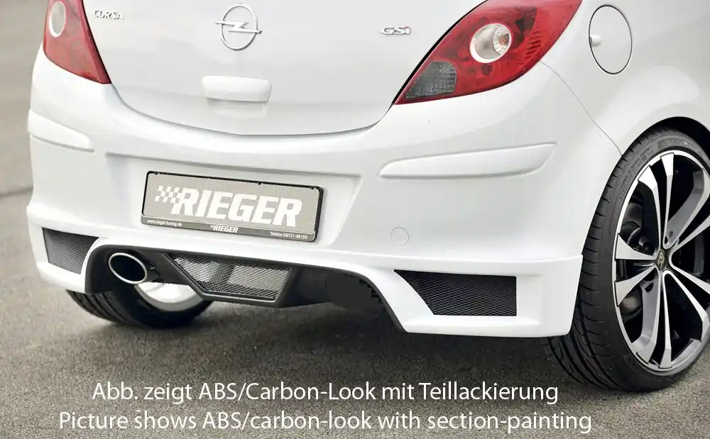 Rieger spoiler pod zadní nárazník pro Opel Corsa D 3-dvéř., 5-dvéř. vč. faceliftu r.v. 01/11-, 07/06-12/10, plast ABS bez povrchové úpravy, pro koncovku vlevo Poslední Šance