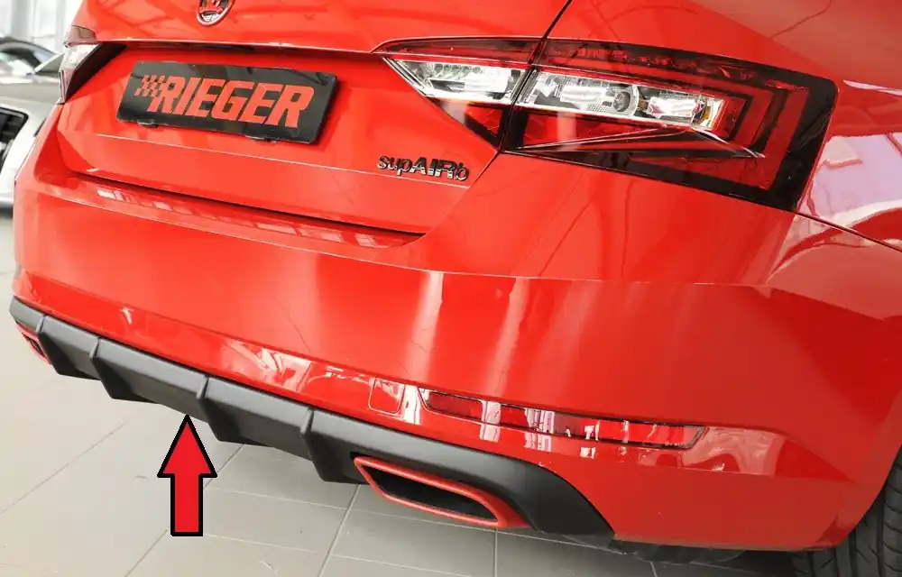 Časově Omezené Rieger vložka zadního nárazníku pro Škoda Superb III 3T, 3V combi, sedan vč. faceliftu, plast ABS bez povrchové úpravy, 2.0 TSI (200/206kW), pro vozy s tažným zařízením