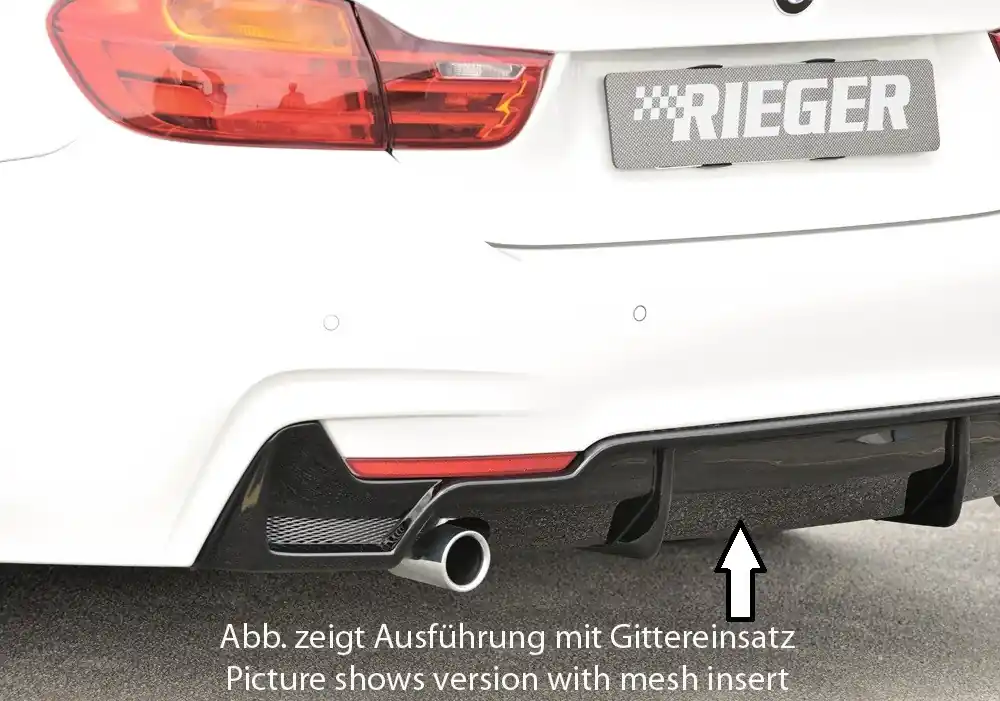 Rieger vložka zadního nárazníku pro BMW řada 4 F32, F33, F36 coupe (3-dvéř.), gran coupe (5-dvéř.), kabriolet vč. faceliftu, plast ABS lakovaný do černé lesklé barvy, pro orig. koncovku vlevo Must-Have