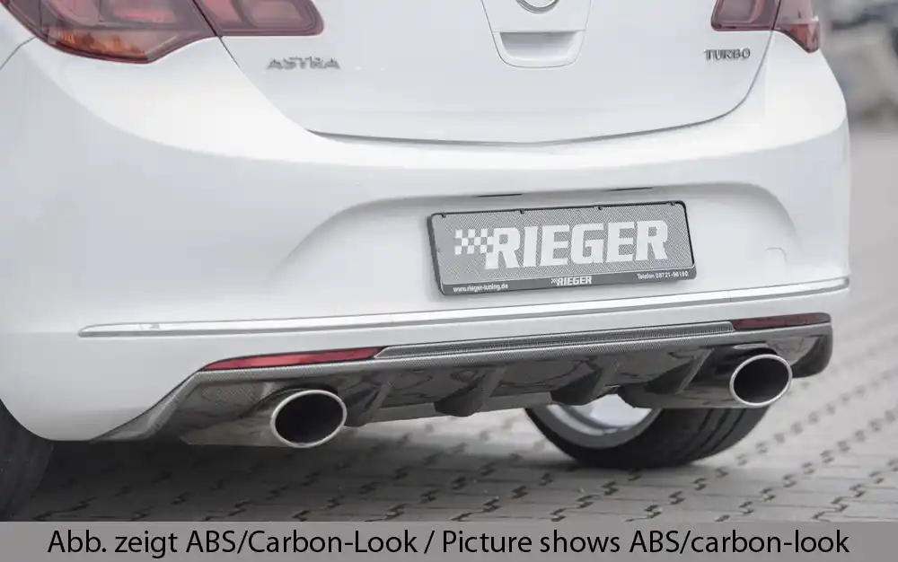 Rieger vložka zadního nárazníku pro Opel Astra J 5-dvéř., hatchback po faceliftu, plast ABS lakovaný do černé lesklé barvy, pro sportovní koncovky na obou stranách 140x90 mm Zlevněný