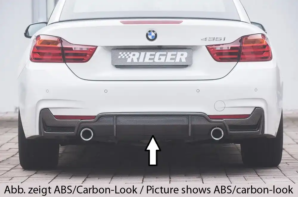 Rieger vložka zadního nárazníku (pouze 435i) pro BMW řada 4 F32, F33, F36 coupe (3-dvéř.), gran coupe (5-dvéř.), kabriolet vč. faceliftu, plast ABS lakovaný do černé lesklé barvy, pro orig. koncovky na obou stranách (435i/440i look) vč. mřížky Tovární Cena
