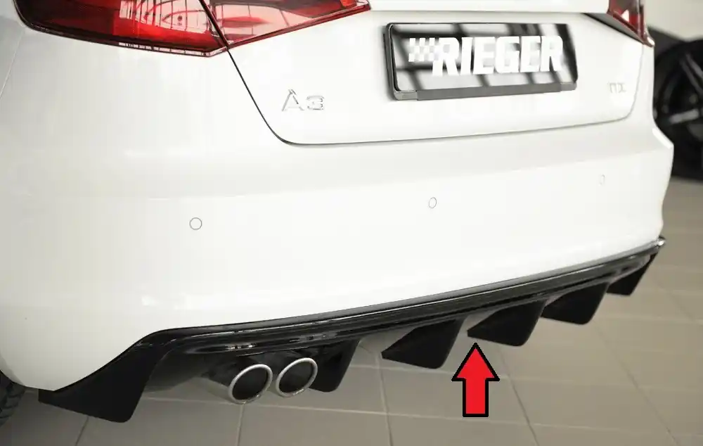 Akce Rieger vložka zadního nárazníku (GBL56786) pro Audi A3 8V 3-dvéř. (hatchback 8V1), 5-dvéř. (sportback 8VA) před faceliftem, plast ABS lakovaný do černé lesklé barvy
